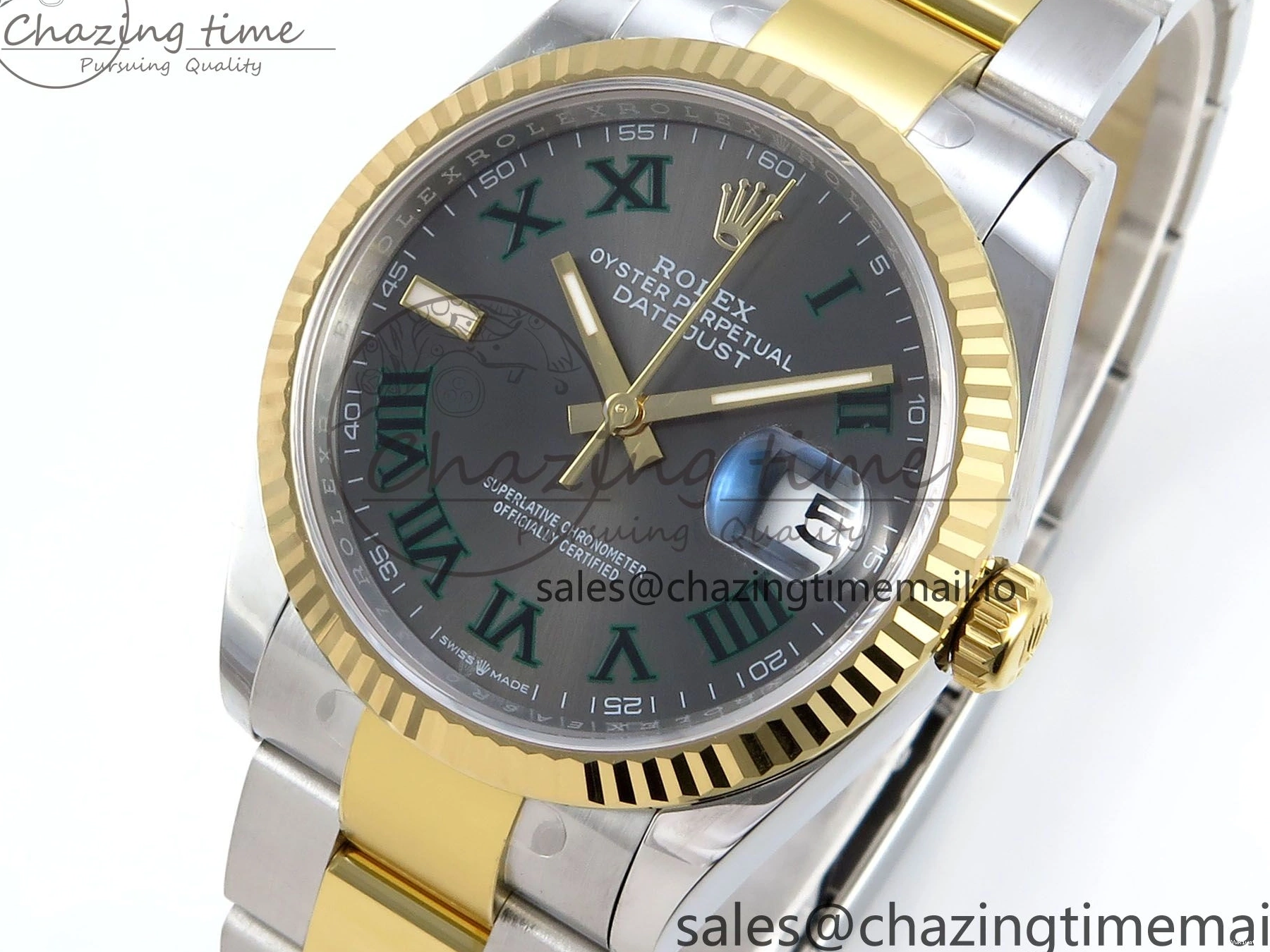 A3235 on Edition 36 126233 YG EWEF Marker Best DateJust Green Gray Bracelet Roman Dial Oyster SS 0212